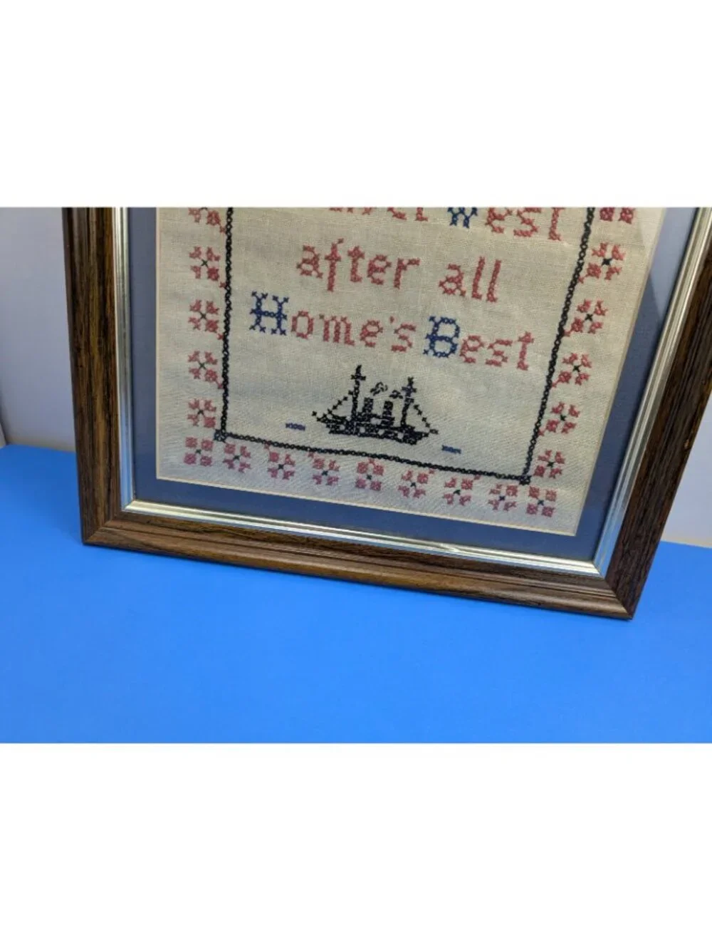 Vintage Framed Needlepoint Embroidery Travel East Travel West Home Best Nautical